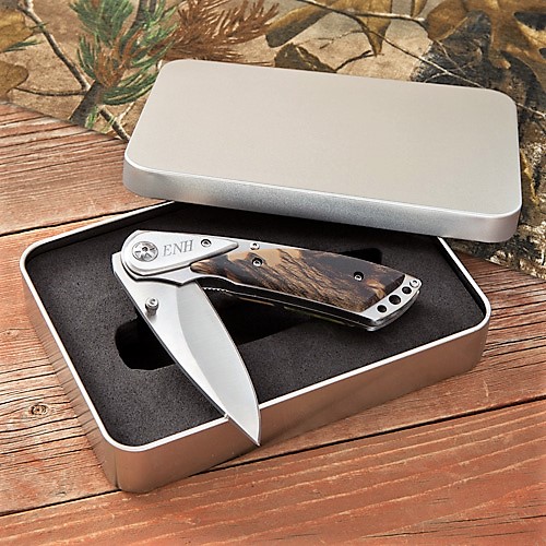 Engraved Camo Lock Back Knife With Tin Box GC1111