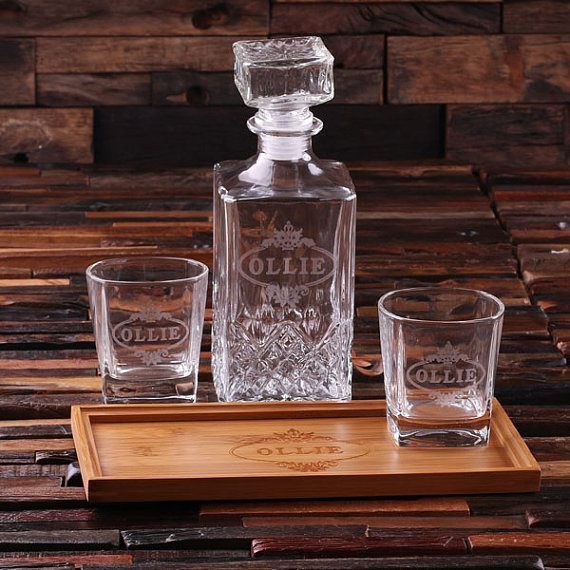 Custom Bar Tray Set With Decanter and 2 Whiskey Glasses TP-024880