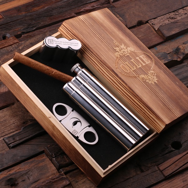 Personalized Gifts | Personalized Steel Cigar Holder With Whiskey Flask and Cutter Set