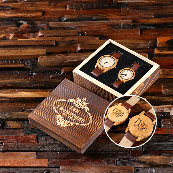 Personalized His and Hers Bamboo Watch Set