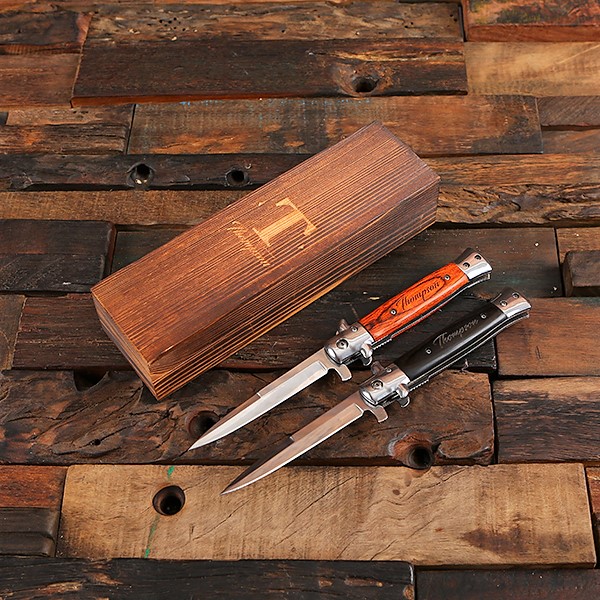 Engraved Wood Switchblade Knife With Box