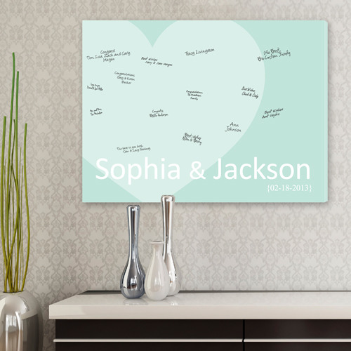 Personalized Wedding Signatures Canvas Pale Green Hearts CA0048
