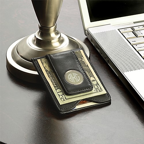 Black Leather Wallet With Engraved Circle Monogram Clip GC1041