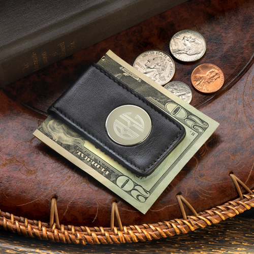 Engraved Monogram Black Leather Magnetic Money Clip GC1042