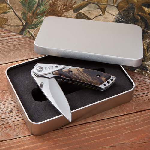 Engraved Camo Lock Back Knife With Tin Box