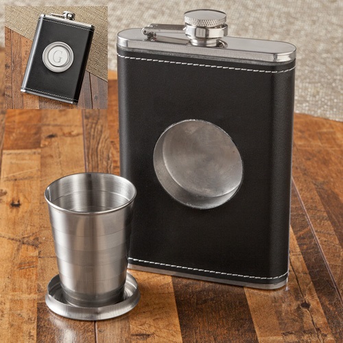 Monogram 8oz Leather Flask With Folding Shot Glass GC1136