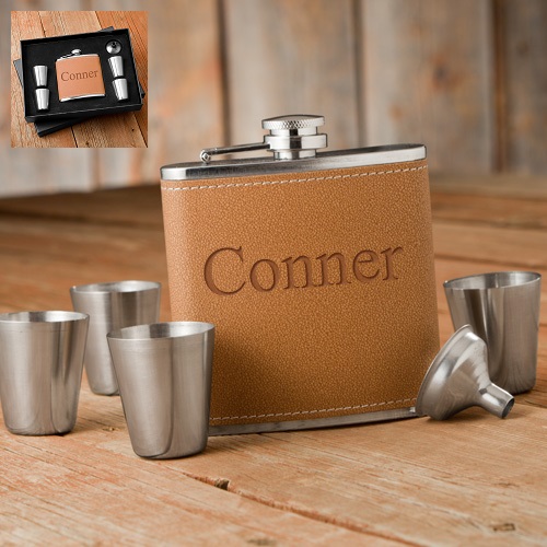 Personalized Leather Hide Stitch Flask Gift Box Set GC1246