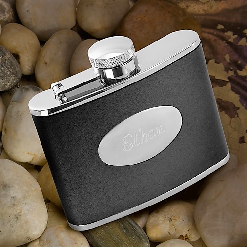 Engraved 4oz Stainless Steel and Sleek Black Leather Flask GC126