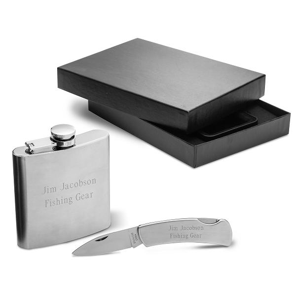 Engraved Steel Flask and Lock Back Knife Gift Set GC1349