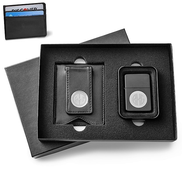 Monogrammed Magnetic Leather Wallet and Lighter Set GC1354