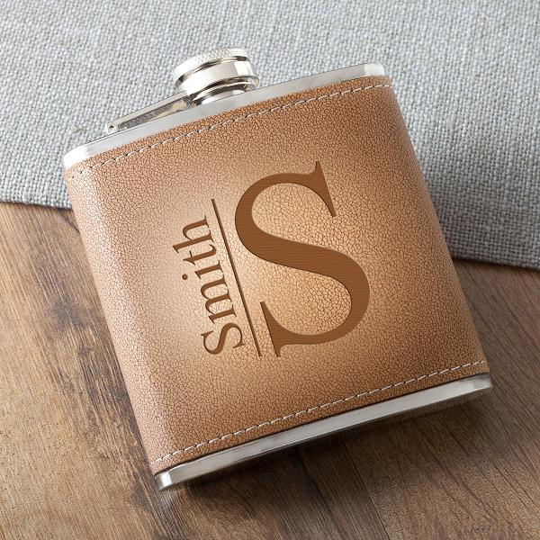 Monogrammed Tan Hide Stitched Flask GC1393