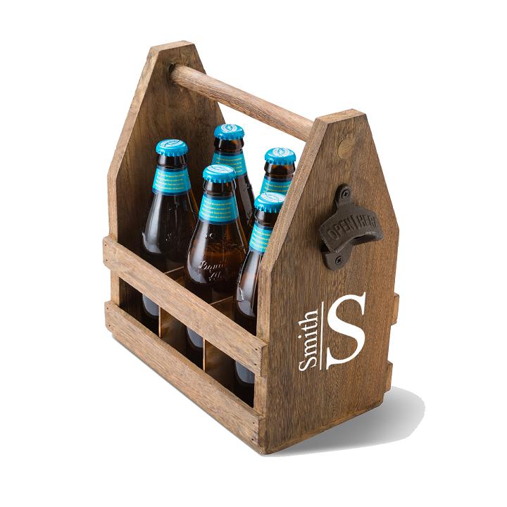 Personalized Wood Beer Caddy With Rustic Bottle Opener