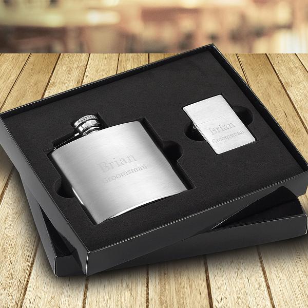 Engraved 6oz Brushed Flask and Lighter Gift Set GC1513