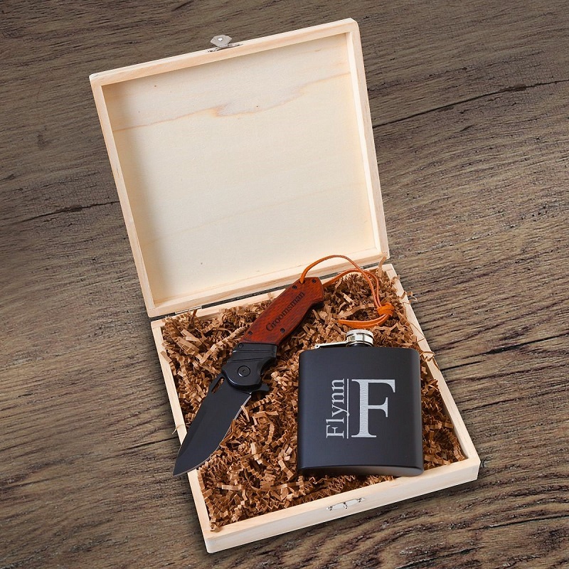 Personalized Larkhall Groomsman Knife and Flask Set