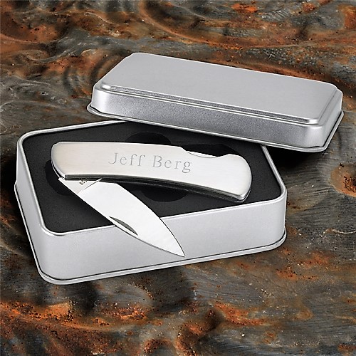 Engraved Stainless Steel Lockback Pocket Knife With Tin Box GC181