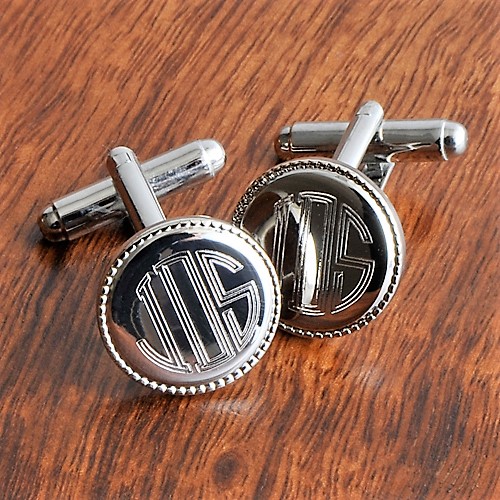 Engraved Round Silver Beaded Cufflinks