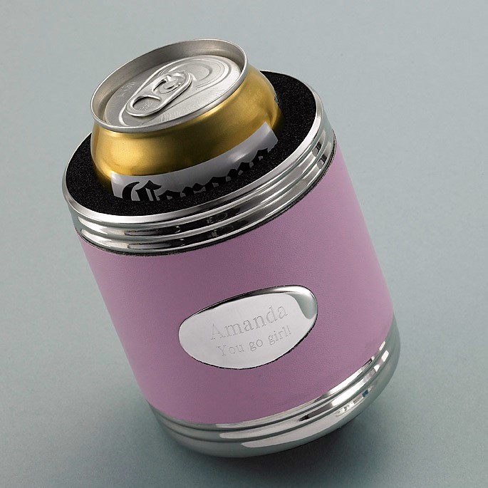 Engraved Silver and Pink Leather Beverage Holder GC521