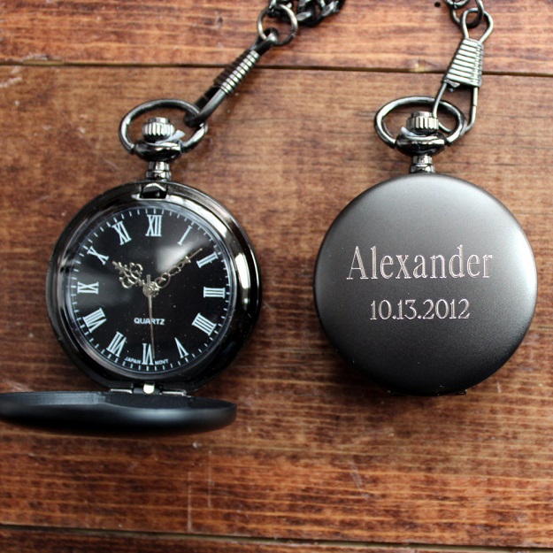 Engraved Gunmetal Black Face Roman Pocket Watch