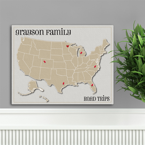 Custom Family Vacation Heart At Home Travel Canvas Map