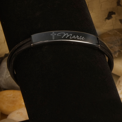 Engraved Stainless Steel Cross Leather Bracelet