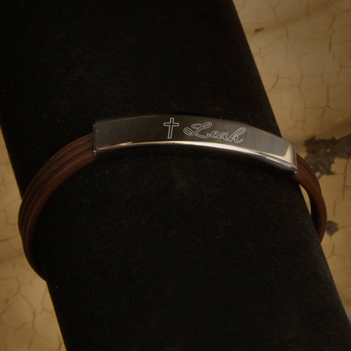 Engraved Stainless Steel Cross Leather Bracelet