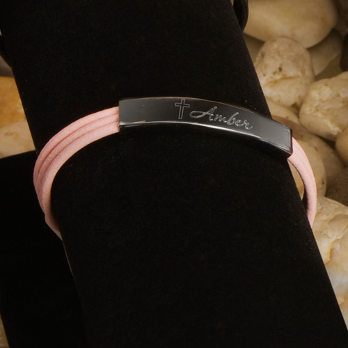 Engraved Stainless Steel Cross Leather Bracelet