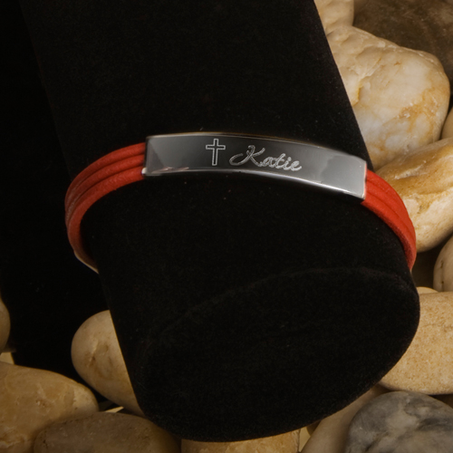 Engraved Stainless Steel Cross Leather Bracelet