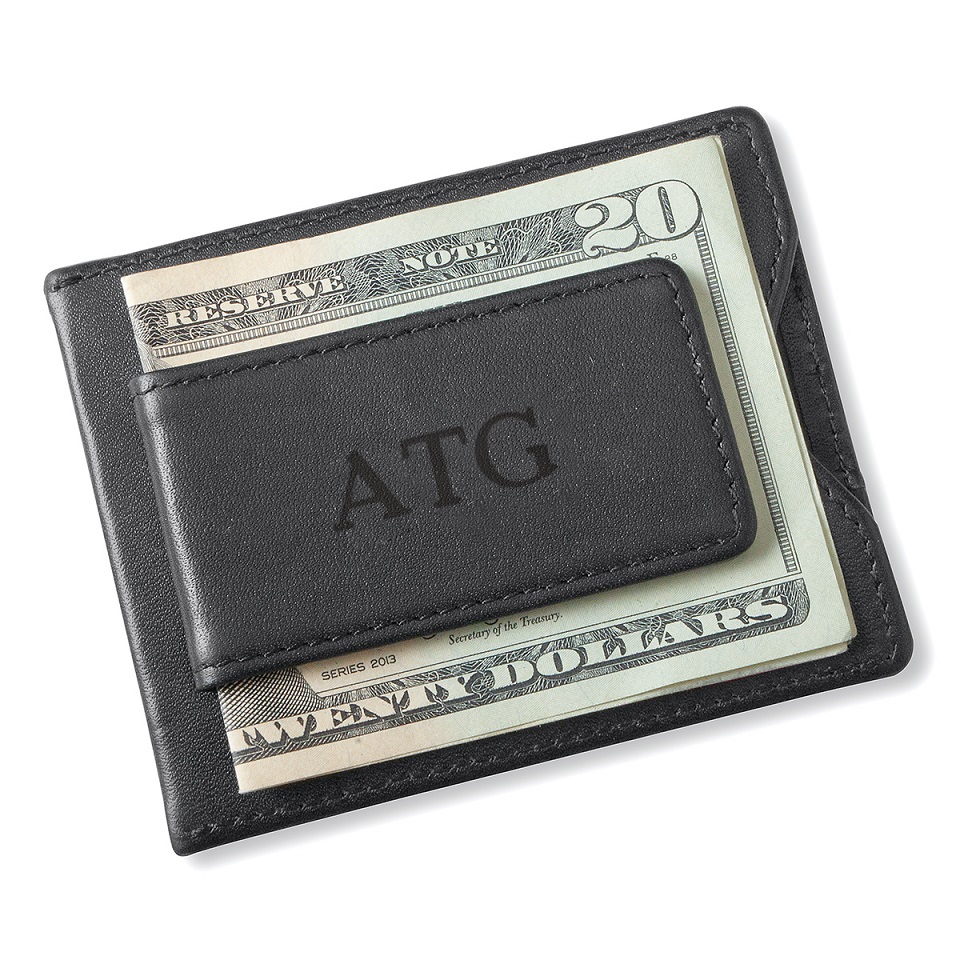 Personalized Black Leather Magnetic Wallet and Clip