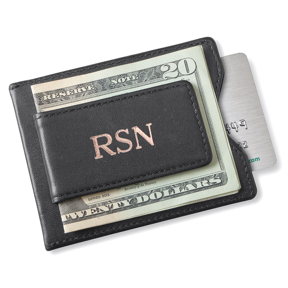 Personalized Black Leather Magnetic Wallet and Clip