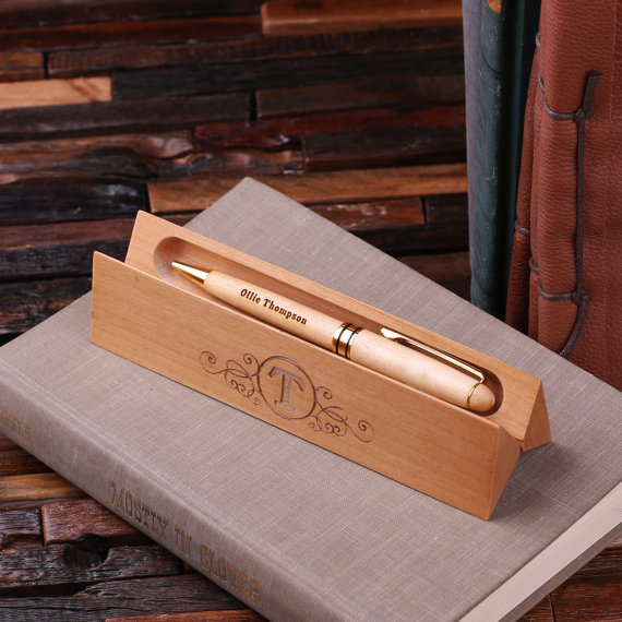 Engraved Wood Pen and Desk Name Plate With Card Holder TP-024202