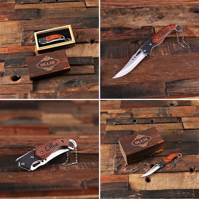 Engraved Wood Bowed Hunting Pocket Knife by Black Ace Design