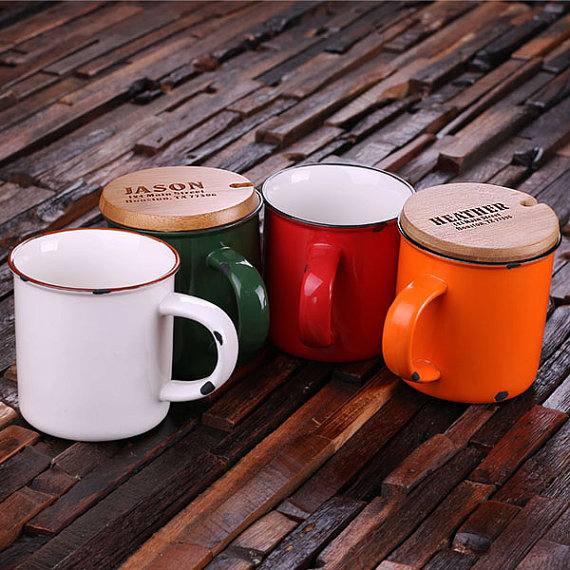 Engraved Bamboo Lid 11oz and Rustic Ceramic Mug TP-024486