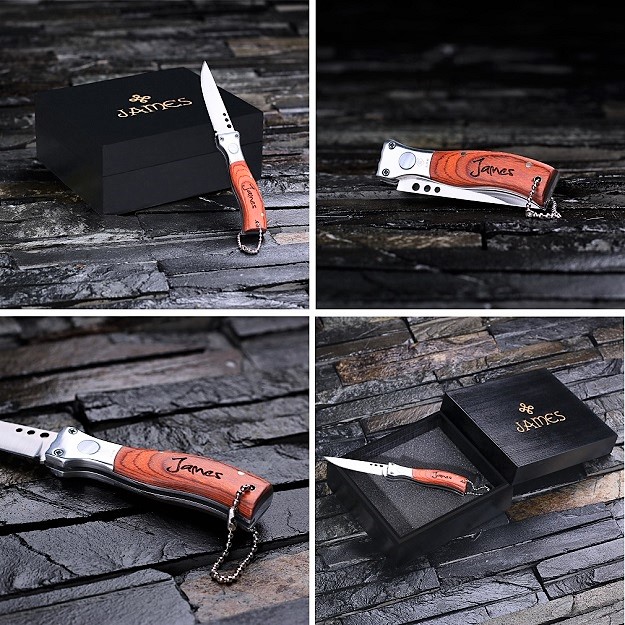 Engraved Wood Pocket Knife Dagger With Black Knot Box TP-024916BLK