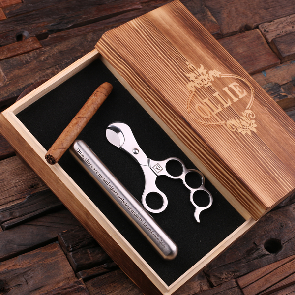Personalized Gifts | Personalized Steel Cigar Holder Set With Classy Cutter