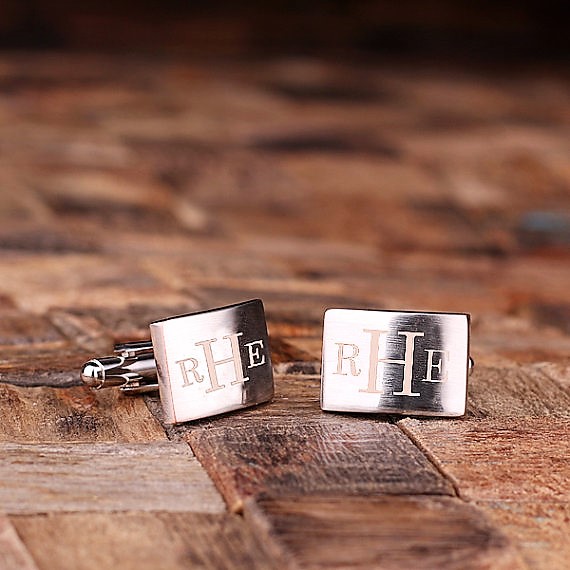 Engraved Silver Monogram Rectangle Cufflinks