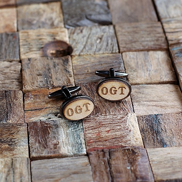 Engraved Rustic Wood and Gun Metal Cuff Links TP-025507_GunMetal