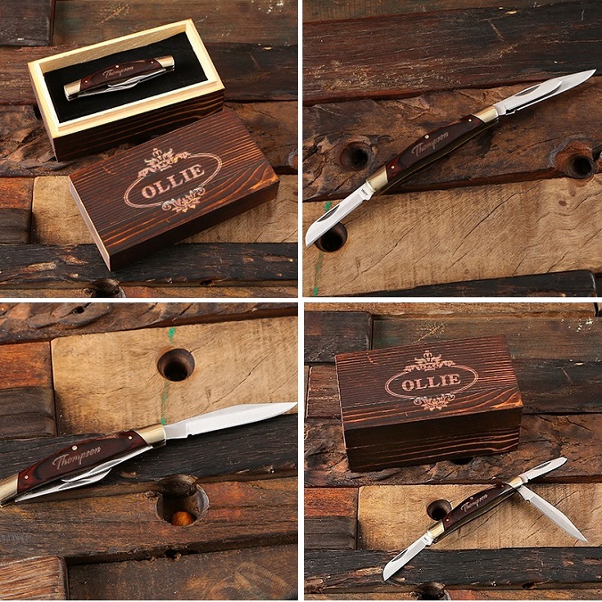 Personalized 3 Blade Brass Accent Pocket Knife TP-027673